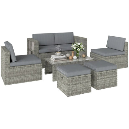 Outsunny 6 Piece Rattan Garden Furniture Set Loveseat, Chairs, Table, Footstools, Dark Grey
