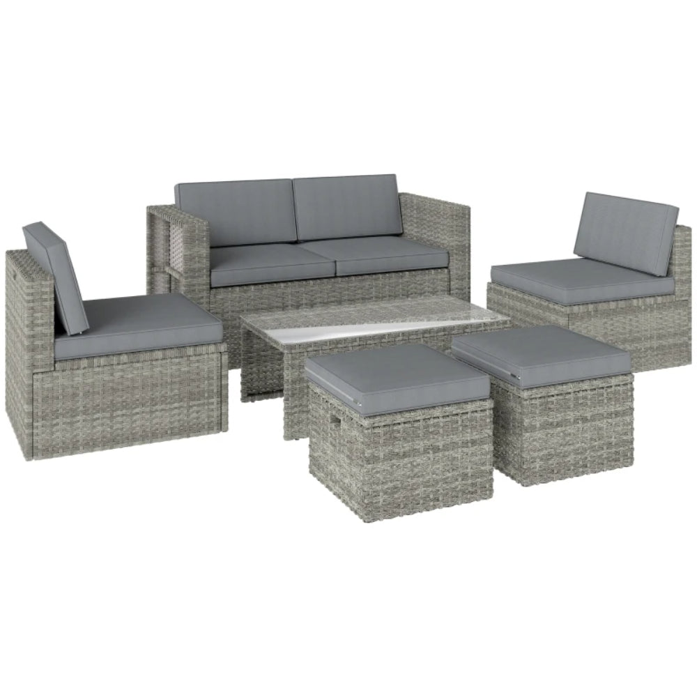 Outsunny 6 Piece Rattan Garden Furniture Set Loveseat, Chairs, Table, Footstools, Dark Grey