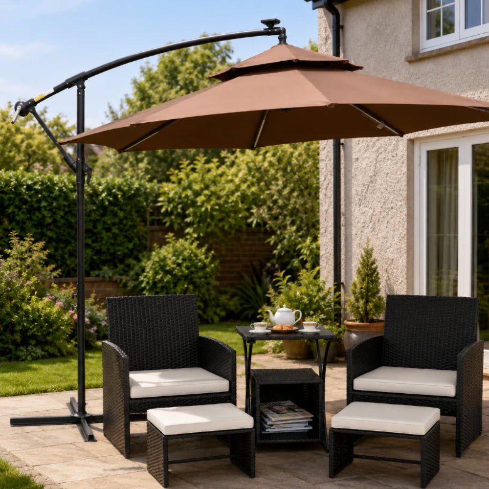 Outsunny 6 Piece Rattan Garden Furniture, Space-Saving Patio Furniture Set with Nesting Tables, Chairs, Stools, Cushions