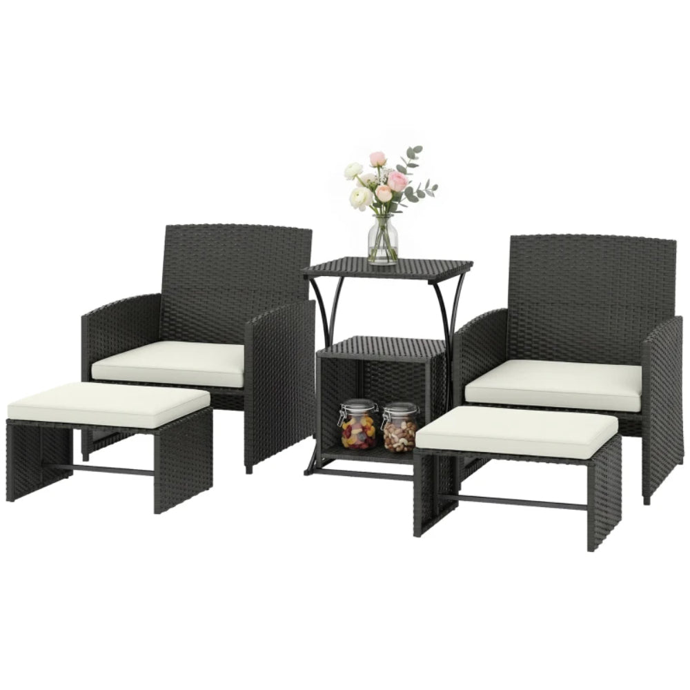 Outsunny 6 Piece Rattan Garden Furniture, Space-Saving Patio Furniture Set with Nesting Tables, Chairs, Stools, Cushions