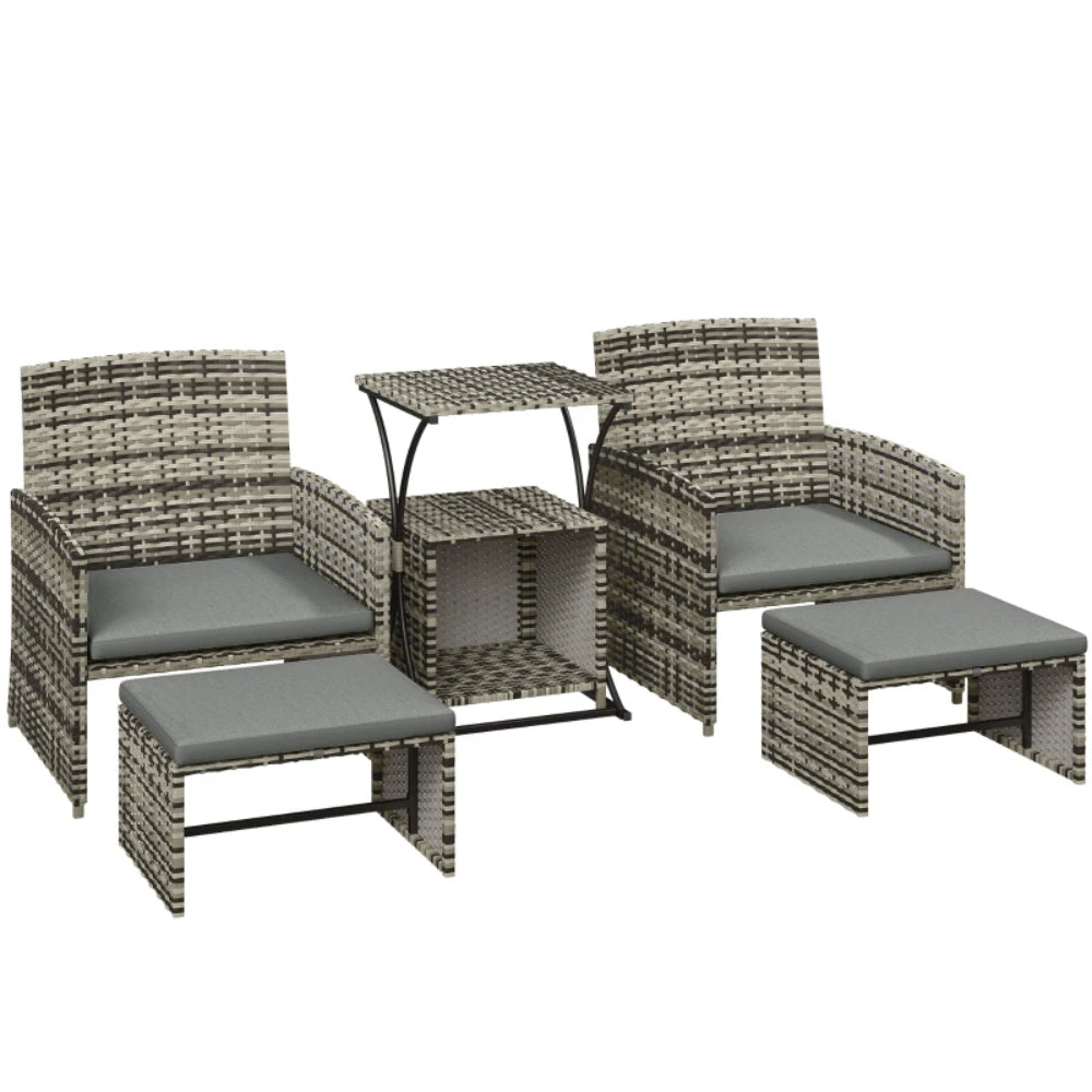 Outsunny 6 Piece Rattan Garden Furniture, Space-Saving Patio Furniture Set with Nesting Tables, Chairs, Stools, Cushions
