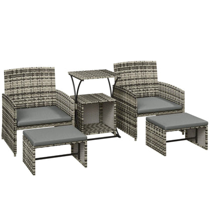 Outsunny 6 Piece Rattan Garden Furniture, Space-Saving Patio Furniture Set with Nesting Tables, Chairs, Stools, Cushions