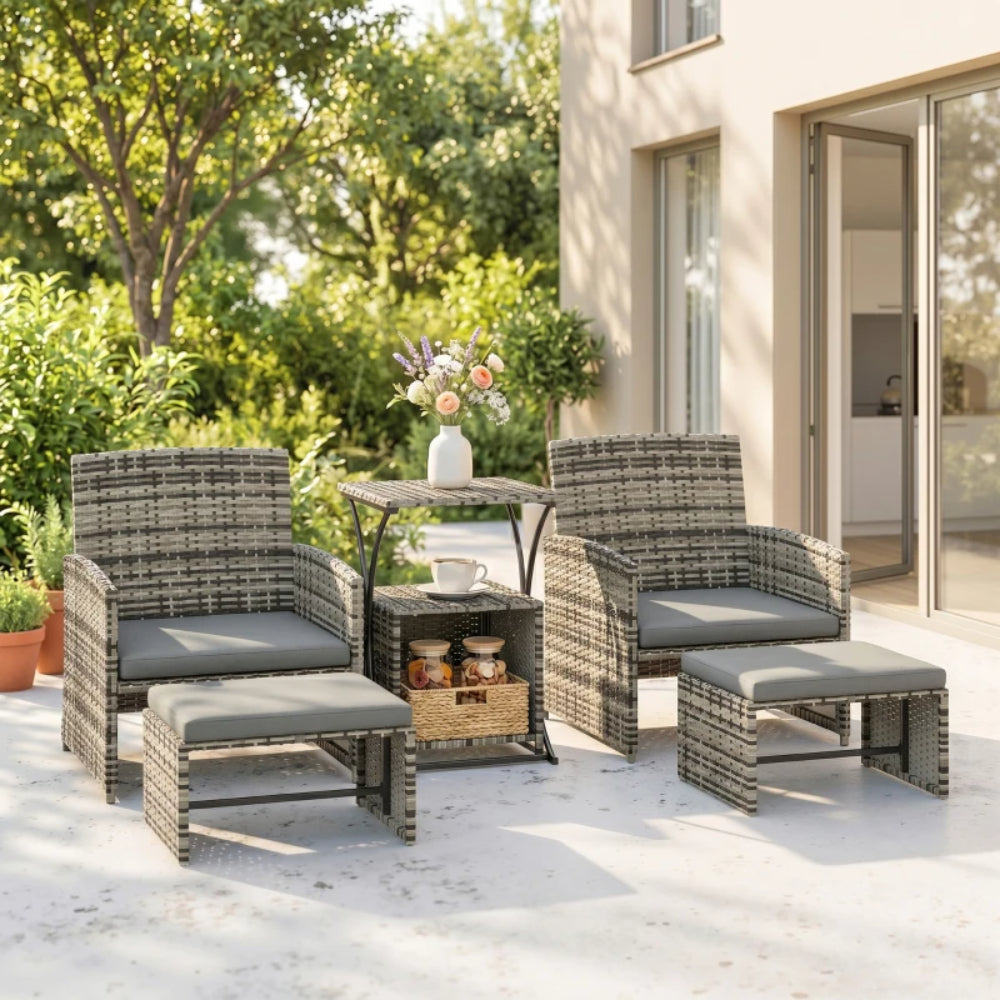 Outsunny 6 Piece Rattan Garden Furniture, Space-Saving Patio Furniture Set with Nesting Tables, Chairs, Stools, Cushions