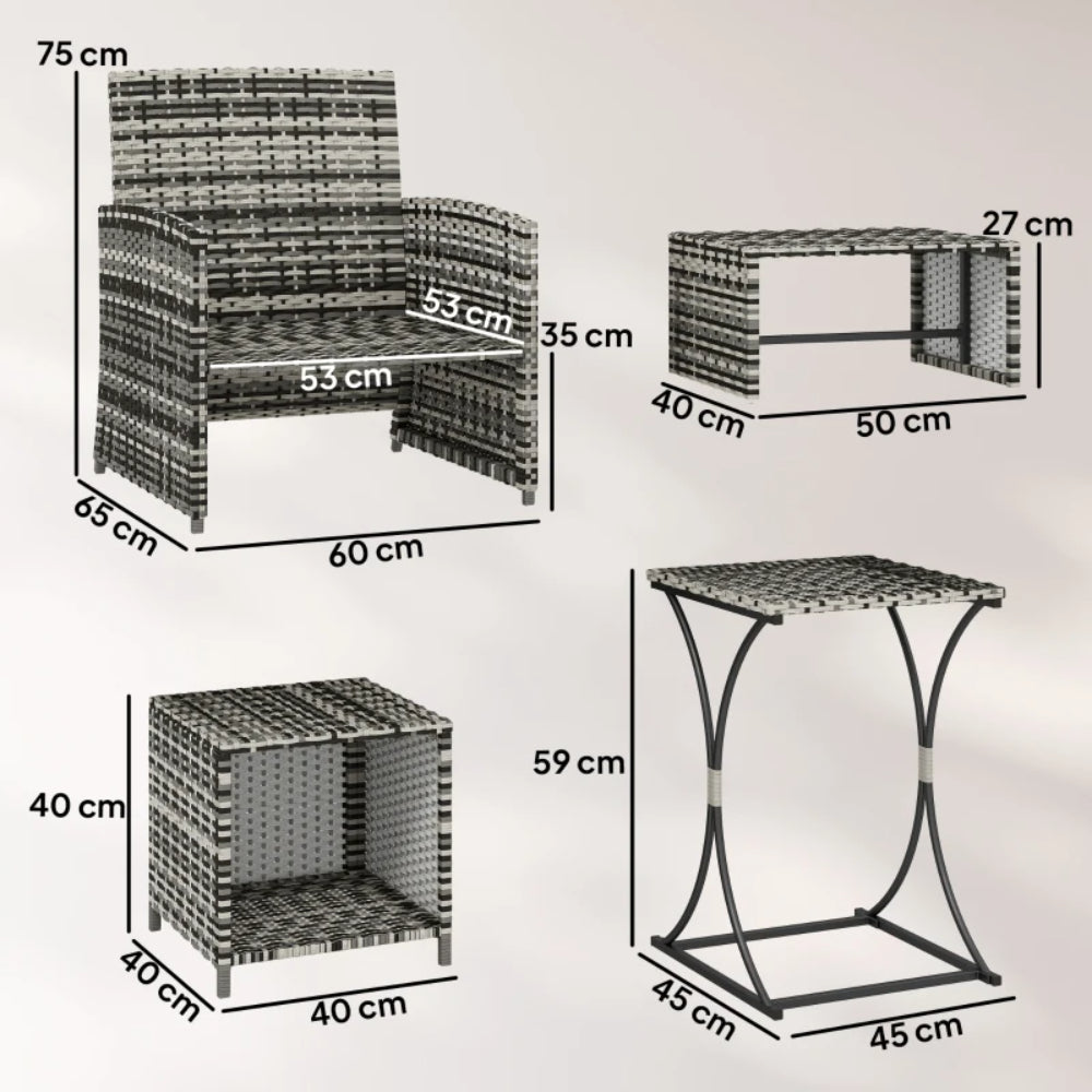 Outsunny 6 Piece Rattan Garden Furniture, Space-Saving Patio Furniture Set with Nesting Tables, Chairs, Stools, Cushions