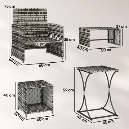 Outsunny 6 Piece Rattan Garden Furniture, Space-Saving Patio Furniture Set with Nesting Tables, Chairs, Stools, Cushions