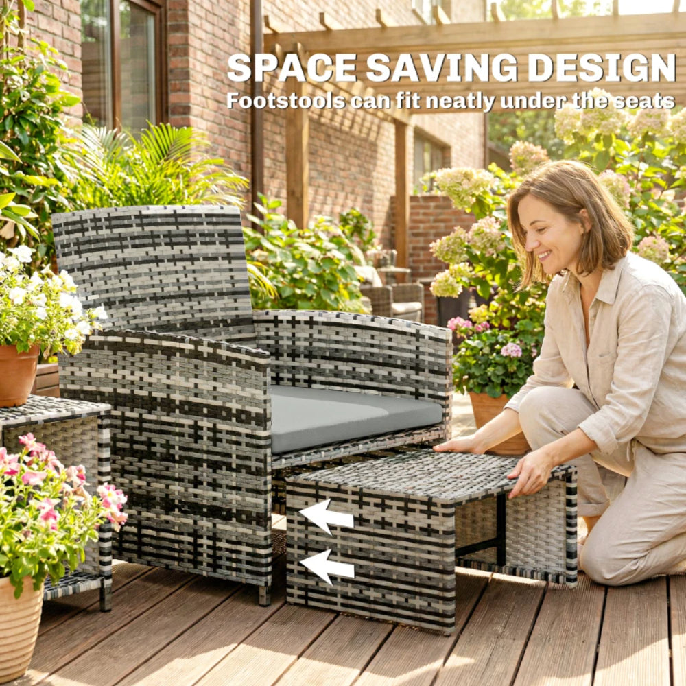 Outsunny 6 Piece Rattan Garden Furniture, Space-Saving Patio Furniture Set with Nesting Tables, Chairs, Stools, Cushions