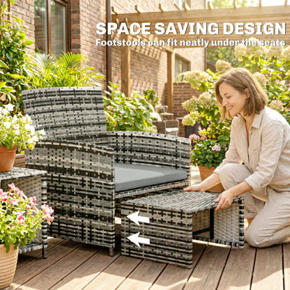 Outsunny 6 Piece Rattan Garden Furniture, Space-Saving Patio Furniture Set with Nesting Tables, Chairs, Stools, Cushions