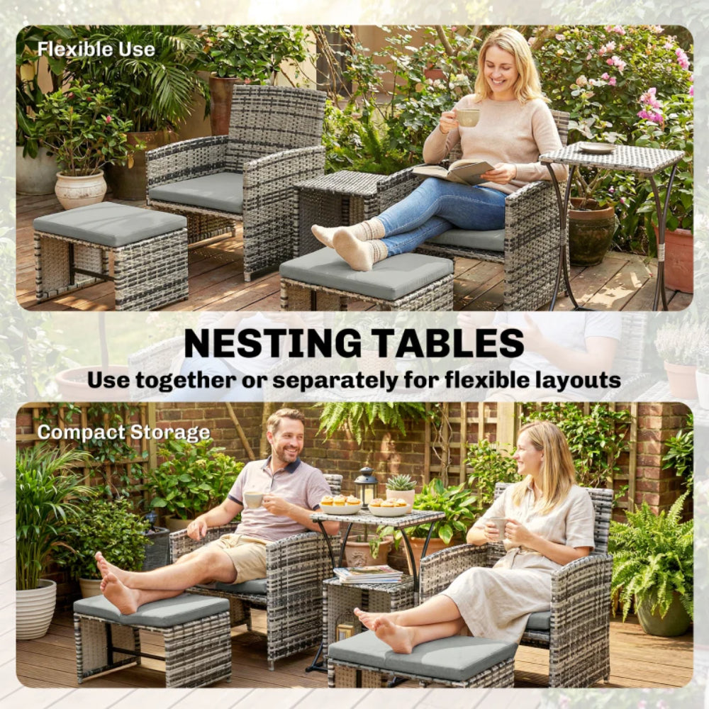 Outsunny 6 Piece Rattan Garden Furniture, Space-Saving Patio Furniture Set with Nesting Tables, Chairs, Stools, Cushions