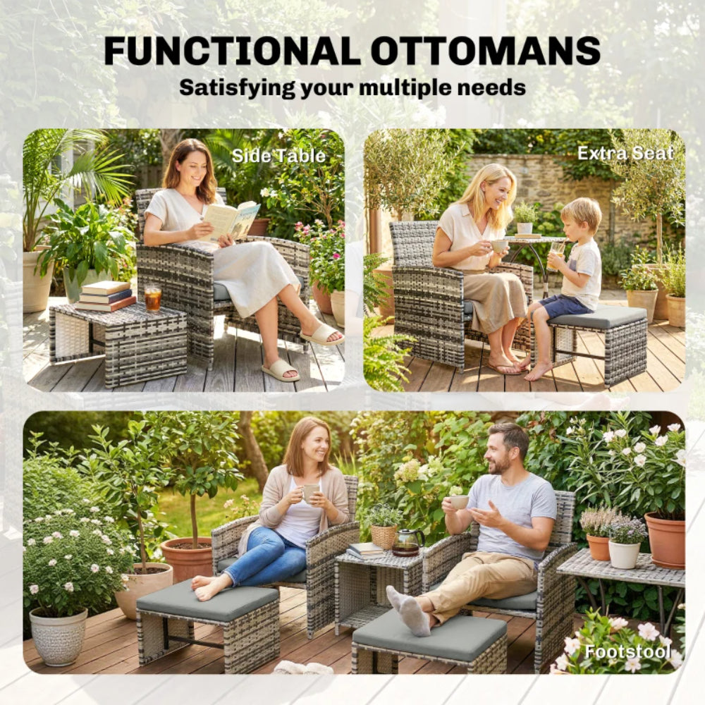 Outsunny 6 Piece Rattan Garden Furniture, Space-Saving Patio Furniture Set with Nesting Tables, Chairs, Stools, Cushions