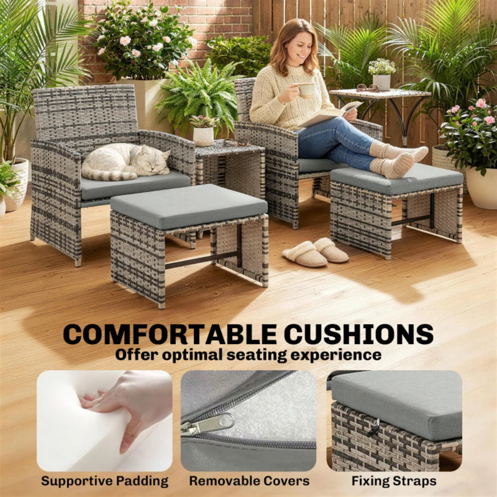 Outsunny 6 Piece Rattan Garden Furniture, Space-Saving Patio Furniture Set with Nesting Tables, Chairs, Stools, Cushions