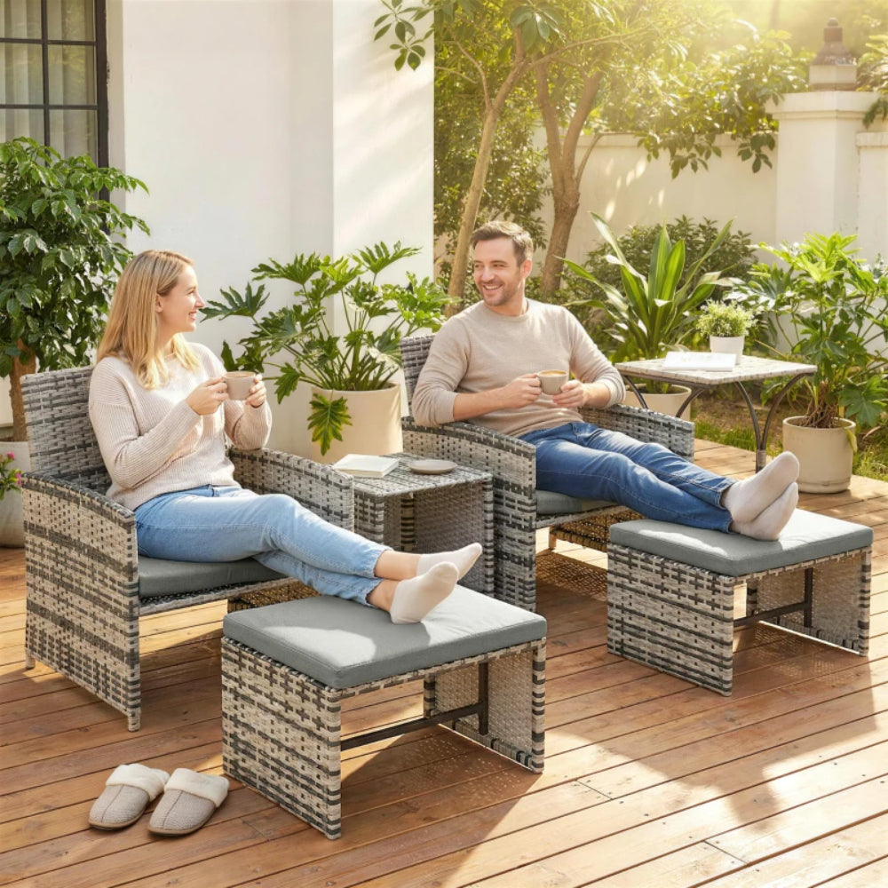 Outsunny 6 Piece Rattan Garden Furniture, Space-Saving Patio Furniture Set with Nesting Tables, Chairs, Stools, Cushions