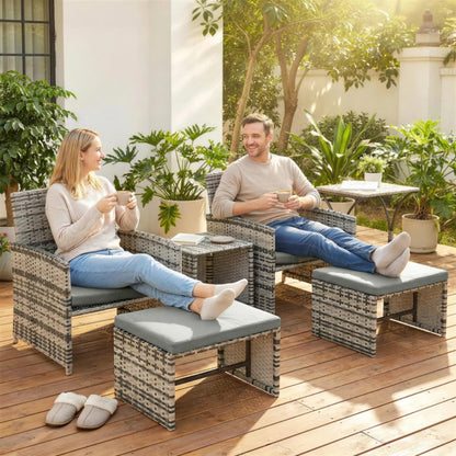 Outsunny 6 Piece Rattan Garden Furniture, Space-Saving Patio Furniture Set with Nesting Tables, Chairs, Stools, Cushions