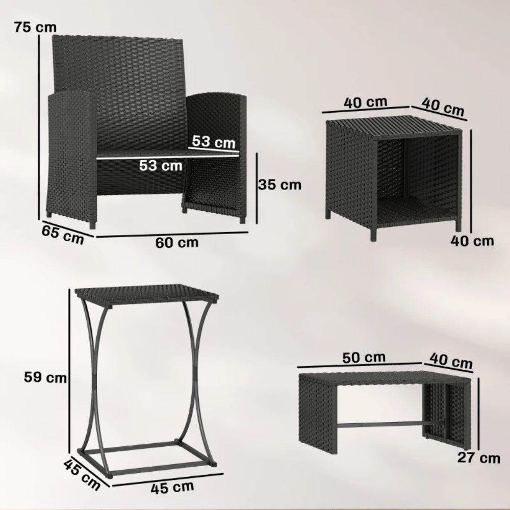 Outsunny 6 Piece Rattan Garden Furniture, Space-Saving Patio Furniture Set with Nesting Tables, Chairs, Stools, Cushions