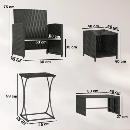 Outsunny 6 Piece Rattan Garden Furniture, Space-Saving Patio Furniture Set with Nesting Tables, Chairs, Stools, Cushions