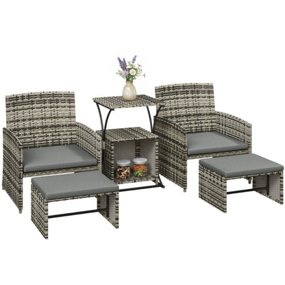 Outsunny 6 Piece Rattan Garden Furniture, Space-Saving Patio Furniture Set with Nesting Tables, Chairs, Stools, Cushions