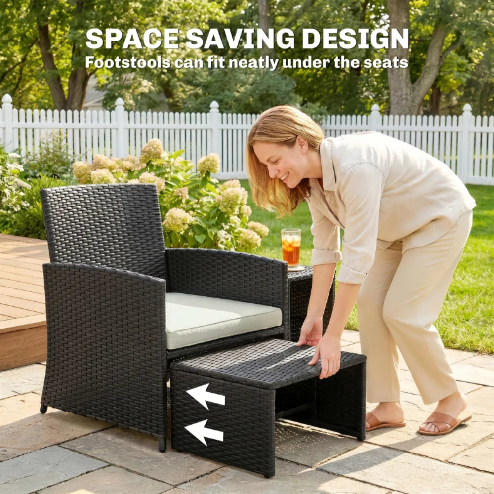 Outsunny 6 Piece Rattan Garden Furniture, Space-Saving Patio Furniture Set with Nesting Tables, Chairs, Stools, Cushions