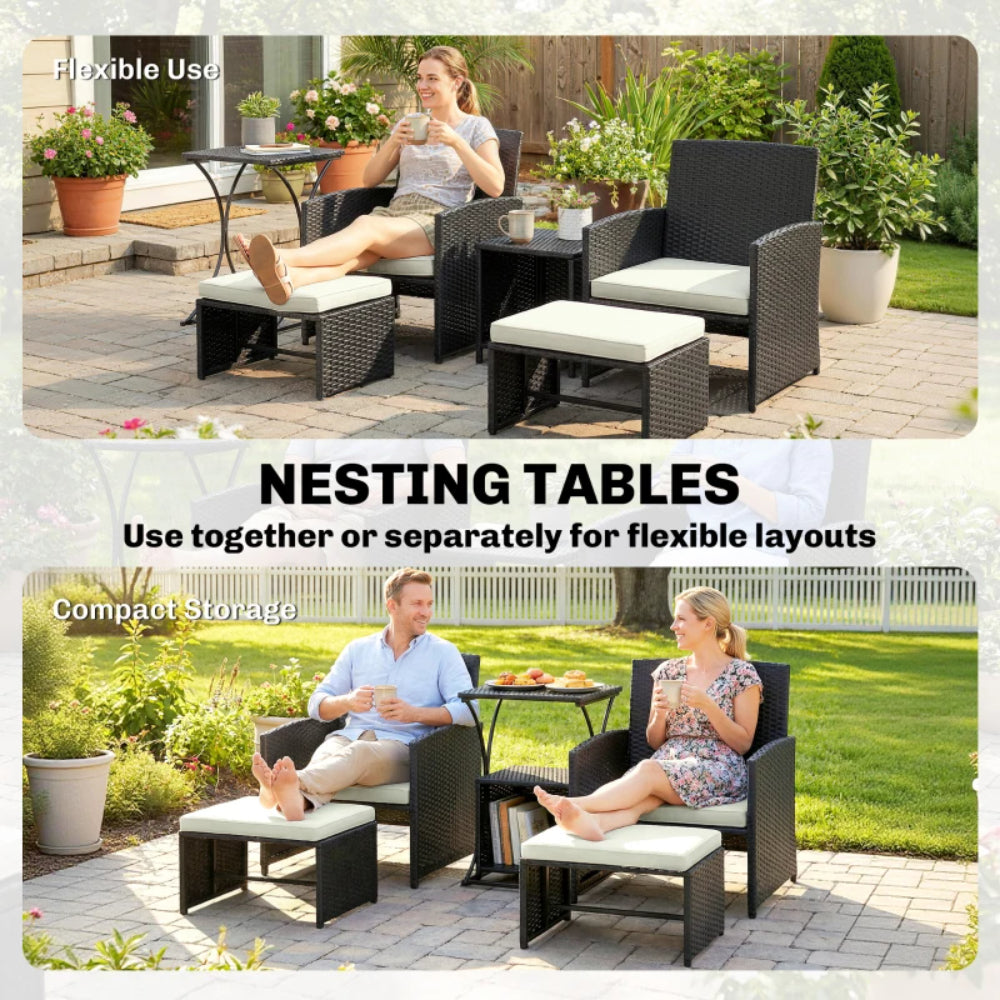 Outsunny 6 Piece Rattan Garden Furniture, Space-Saving Patio Furniture Set with Nesting Tables, Chairs, Stools, Cushions