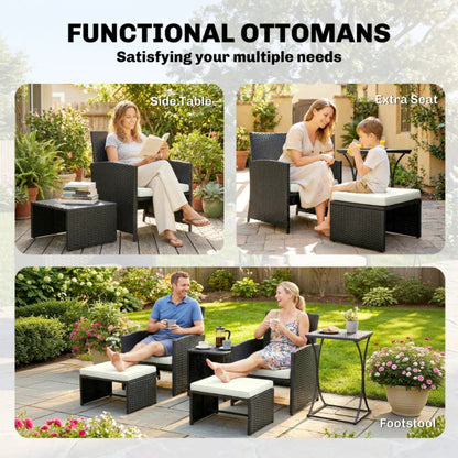 Outsunny 6 Piece Rattan Garden Furniture, Space-Saving Patio Furniture Set with Nesting Tables, Chairs, Stools, Cushions