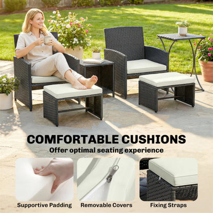 Outsunny 6 Piece Rattan Garden Furniture, Space-Saving Patio Furniture Set with Nesting Tables, Chairs, Stools, Cushions