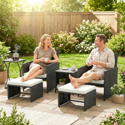 Outsunny 6 Piece Rattan Garden Furniture, Space-Saving Patio Furniture Set with Nesting Tables, Chairs, Stools, Cushions