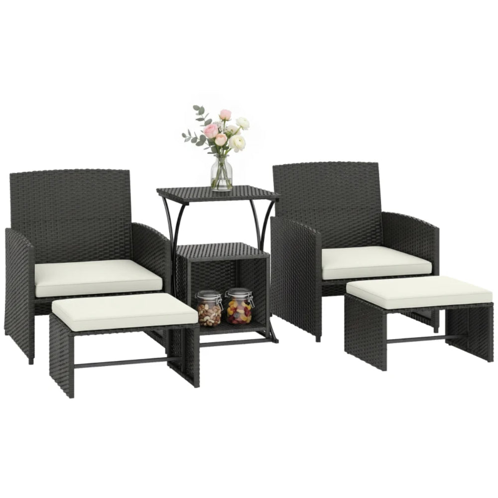 Outsunny 6 Piece Rattan Garden Furniture, Space-Saving Patio Furniture Set with Nesting Tables, Chairs, Stools, Cushions