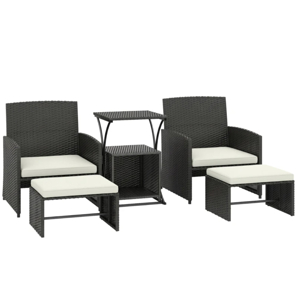 Outsunny 6 Piece Rattan Garden Furniture, Space-Saving Patio Furniture Set with Nesting Tables, Chairs, Stools, Cushions