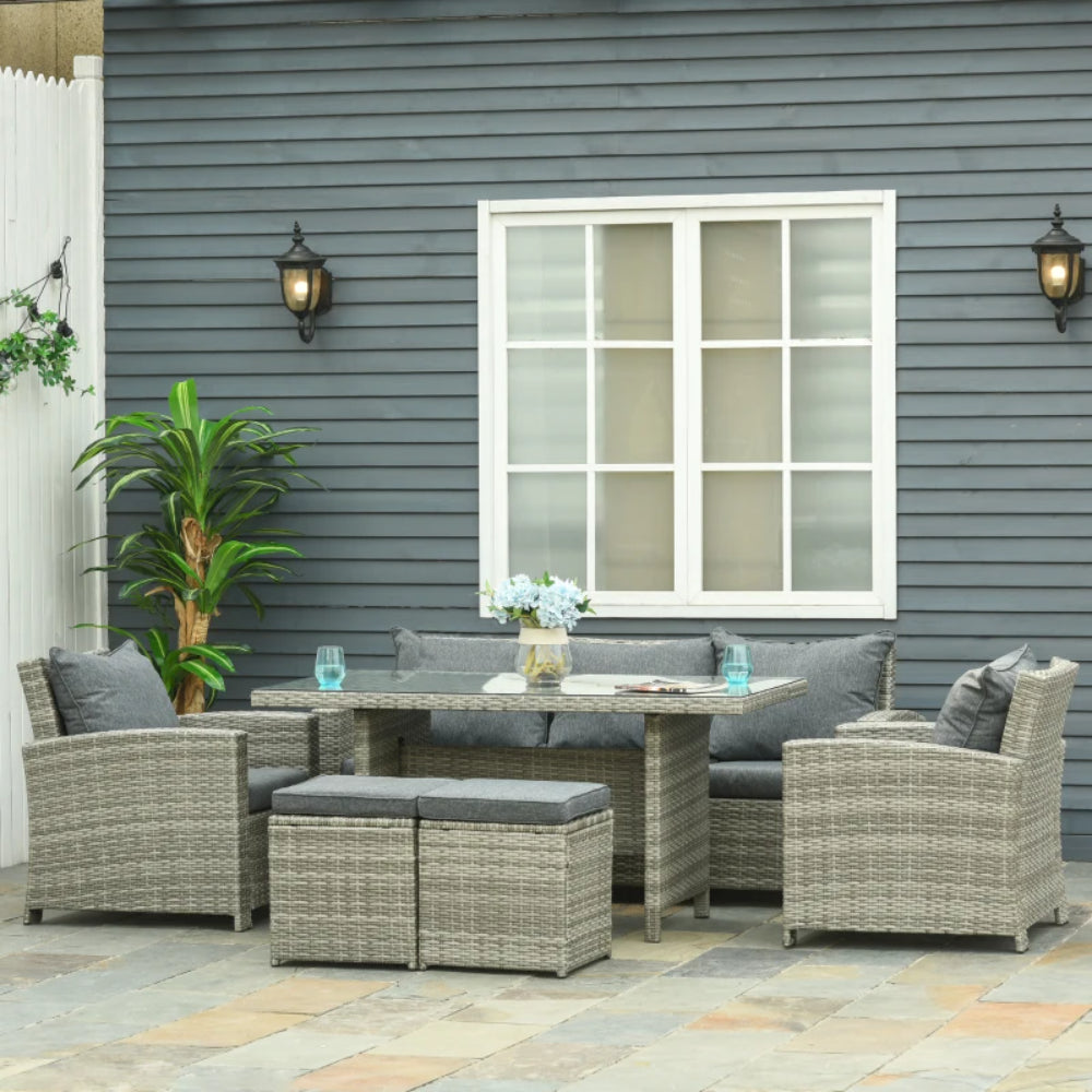 Outsunny 6-Piece Wicker Rattan Garden Set, Aluminium Patio Wicker Dining Sets with Glass Top Table & Soft Cushion, Light Grey