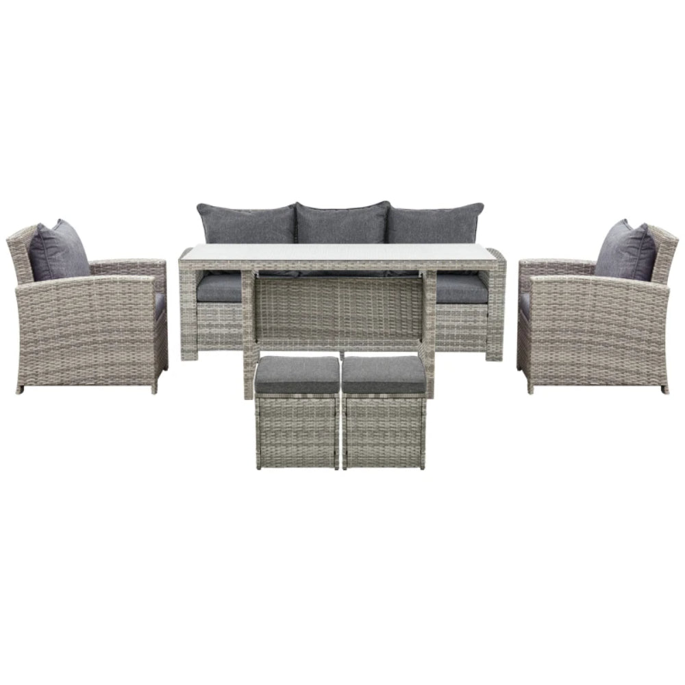 Outsunny 6-Piece Wicker Rattan Garden Set, Aluminium Patio Wicker Dining Sets with Glass Top Table & Soft Cushion, Light Grey