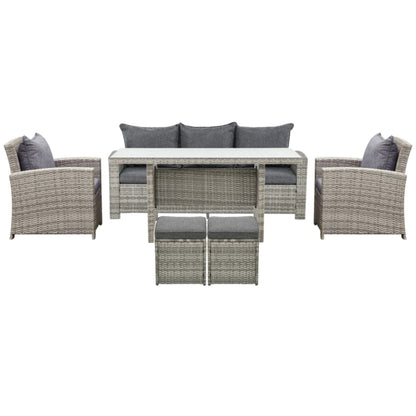 Outsunny 6-Piece Wicker Rattan Garden Set, Aluminium Patio Wicker Dining Sets with Glass Top Table & Soft Cushion, Light Grey