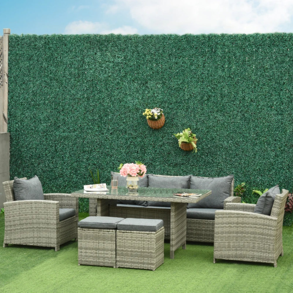 Outsunny 6-Piece Wicker Rattan Garden Set, Aluminium Patio Wicker Dining Sets with Glass Top Table & Soft Cushion, Light Grey