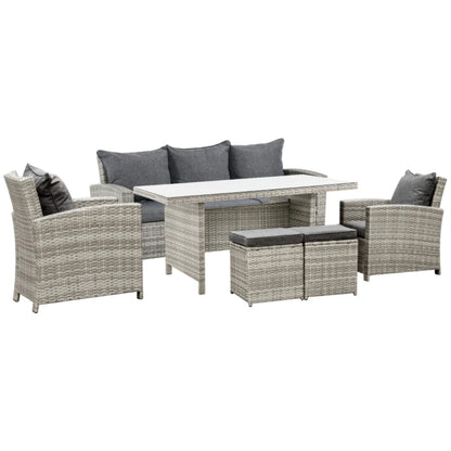 Outsunny 6-Piece Wicker Rattan Garden Set, Aluminium Patio Wicker Dining Sets with Glass Top Table & Soft Cushion, Light Grey