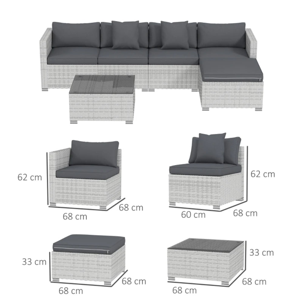 Outsunny 6 Pieces Rattan Corner Sofa Set - Mixed Grey