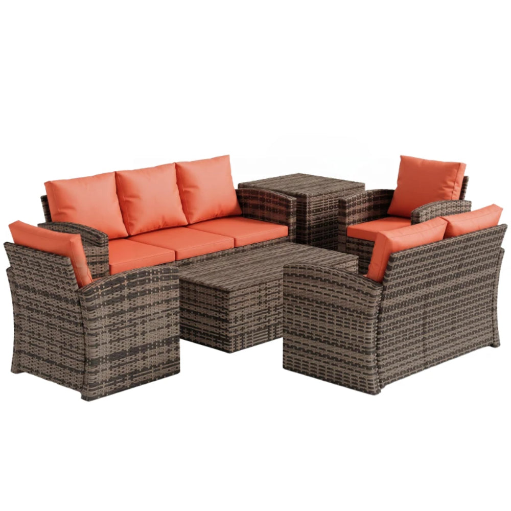 Outsunny 6 Pieces Rattan Garden Furniture Set, 7 Seater Wicker Outdoor Furniture Set with Storage Tea Table & Side Table, Sectional Garden Sofa Set with Cushions