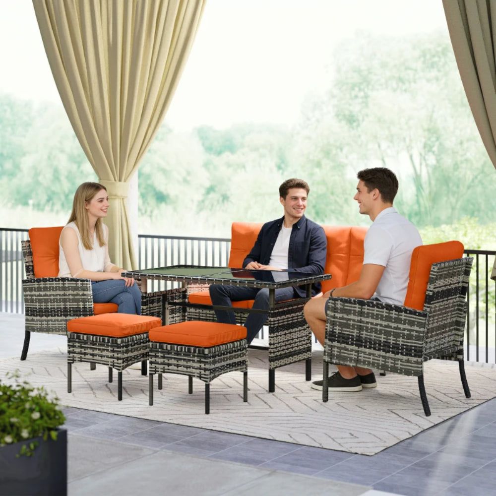 Outsunny 6 Pieces Rattan Garden Furniture Set with Dining Table and Cushions, Orange