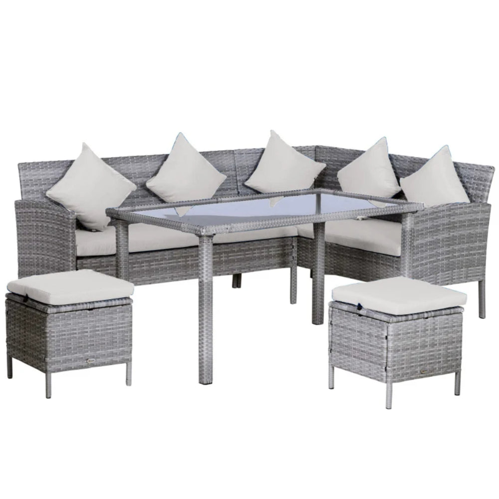 Outsunny 6-Seater Rattan Dining Set Sofa Table Footstool Outdoor w/ Cushion Garden Furniture