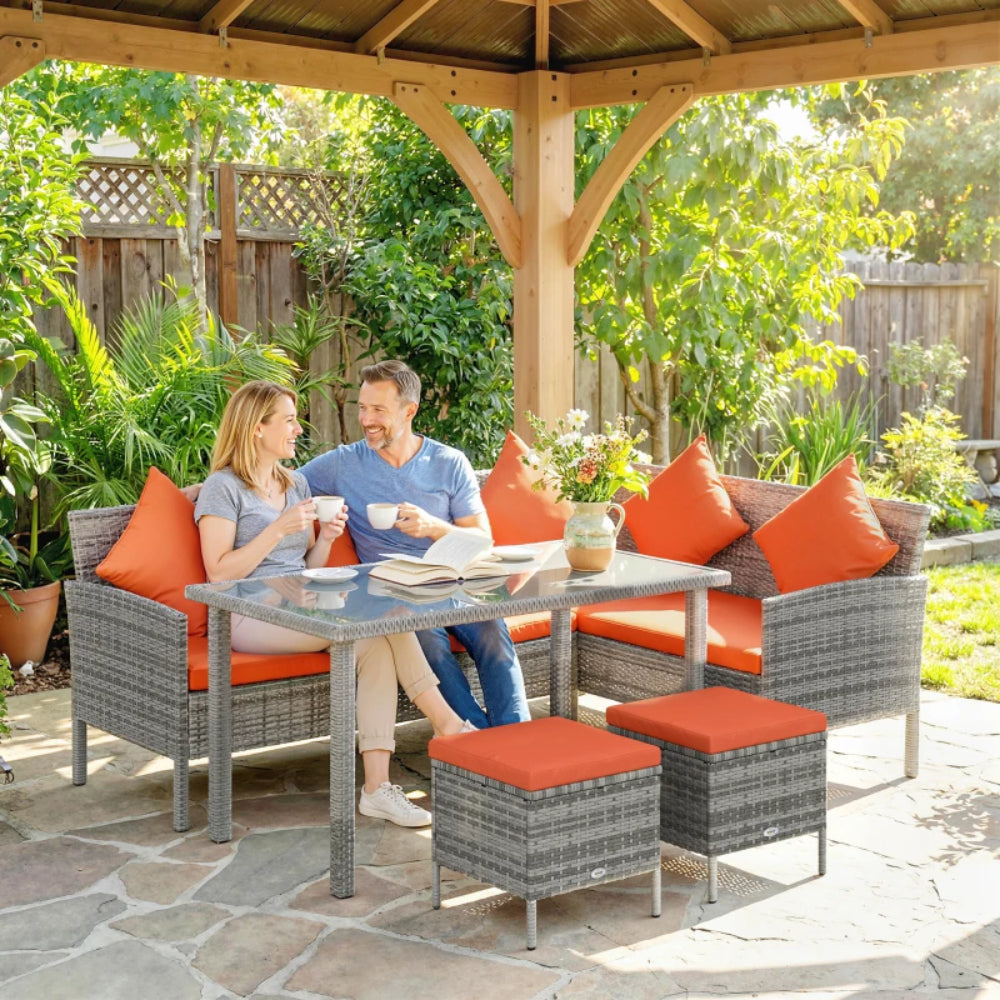 Outsunny 6-Seater Rattan Dining Set Sofa Table Footstool Outdoor w/ Cushion Garden Furniture
