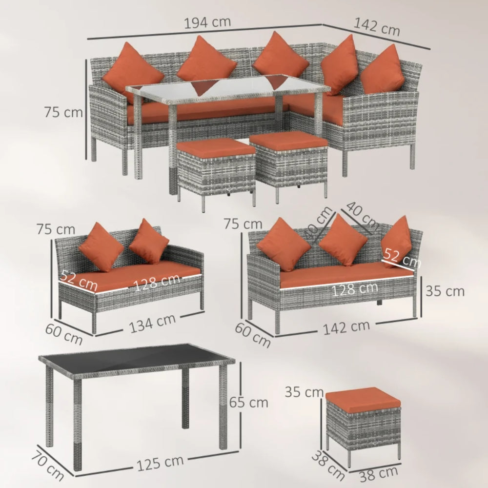 Outsunny 6-Seater Rattan Dining Set Sofa Table Footstool Outdoor w/ Cushion Garden Furniture