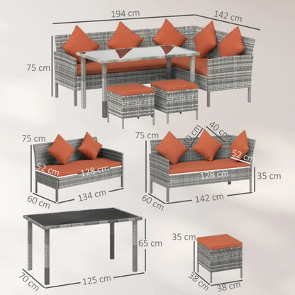 Outsunny 6-Seater Rattan Dining Set Sofa Table Footstool Outdoor w/ Cushion Garden Furniture