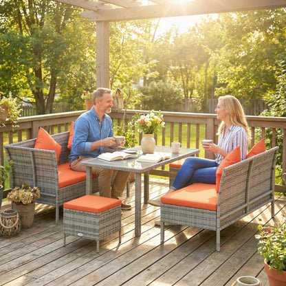 Outsunny 6-Seater Rattan Dining Set Sofa Table Footstool Outdoor w/ Cushion Garden Furniture