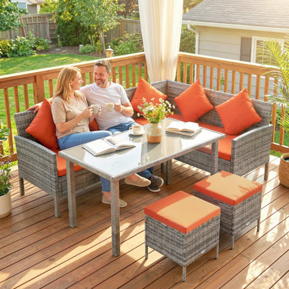 Outsunny 6-Seater Rattan Dining Set Sofa Table Footstool Outdoor w/ Cushion Garden Furniture