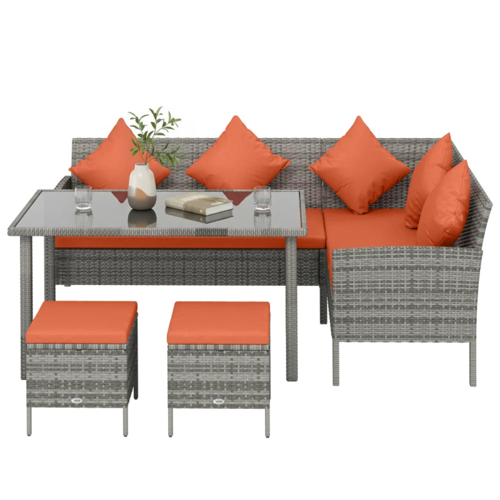 Outsunny 6-Seater Rattan Dining Set Sofa Table Footstool Outdoor w/ Cushion Garden Furniture