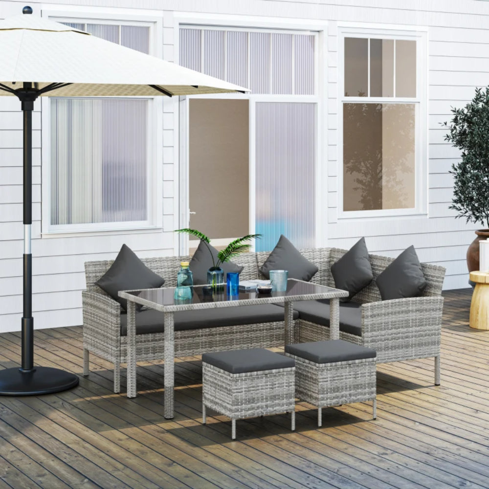 Outsunny 6-Seater Rattan Dining Set Sofa Table Footstool Outdoor w/ Cushion Garden Furniture