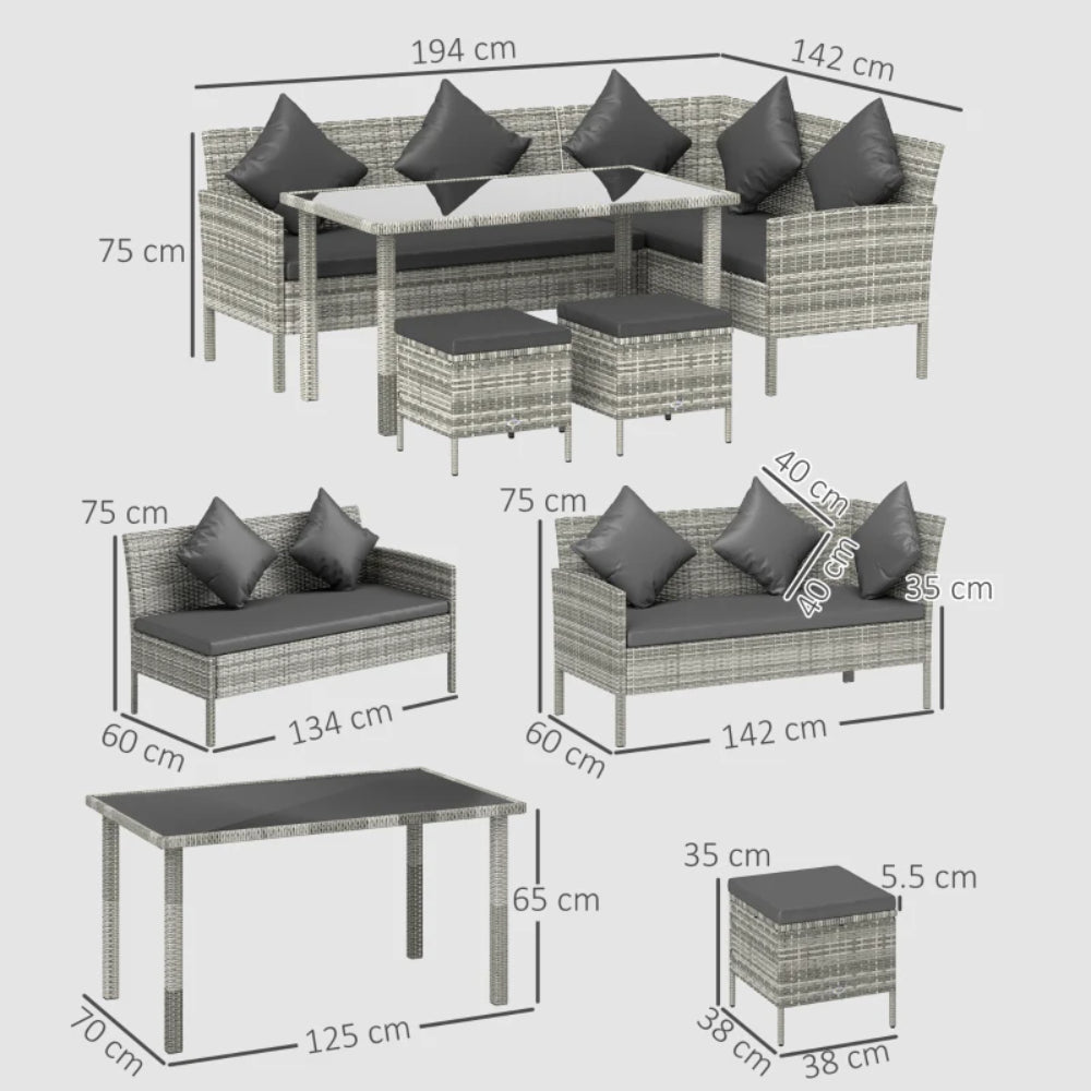 Outsunny 6-Seater Rattan Dining Set Sofa Table Footstool Outdoor w/ Cushion Garden Furniture