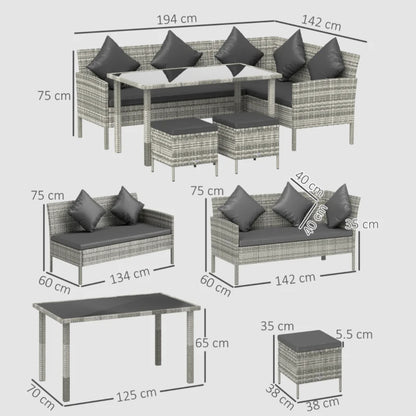 Outsunny 6-Seater Rattan Dining Set Sofa Table Footstool Outdoor w/ Cushion Garden Furniture