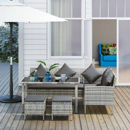 Outsunny 6-Seater Rattan Dining Set Sofa Table Footstool Outdoor w/ Cushion Garden Furniture
