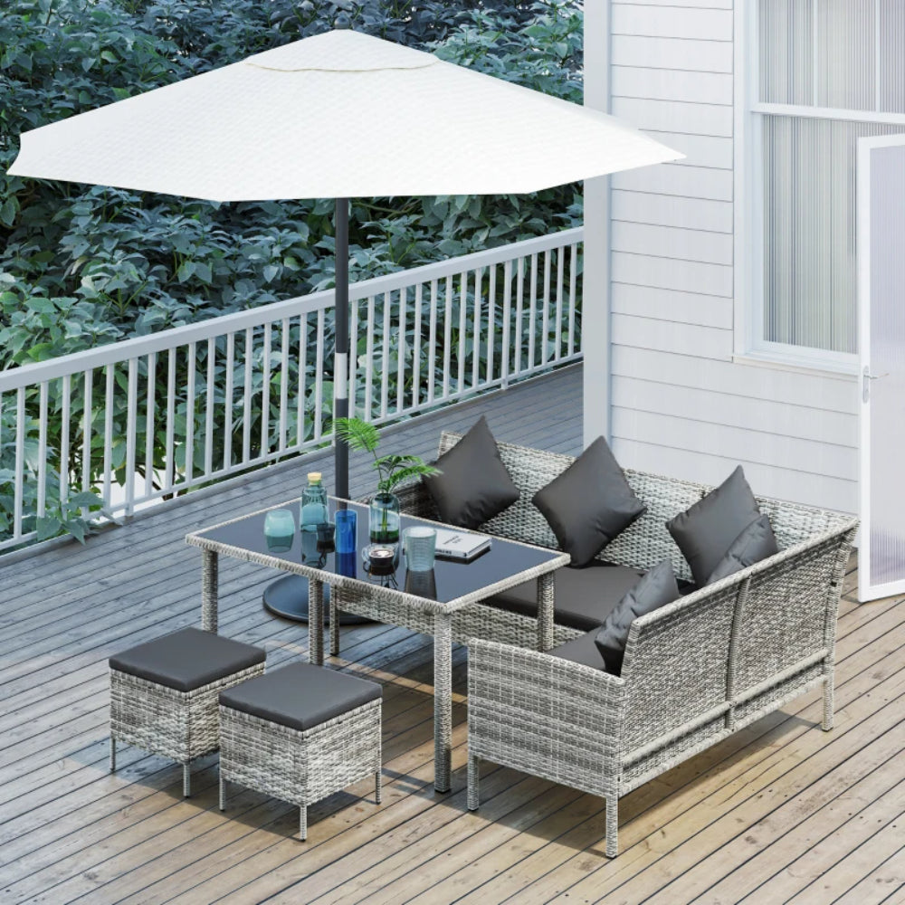 Outsunny 6-Seater Rattan Dining Set Sofa Table Footstool Outdoor w/ Cushion Garden Furniture