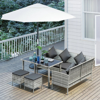 Outsunny 6-Seater Rattan Dining Set Sofa Table Footstool Outdoor w/ Cushion Garden Furniture