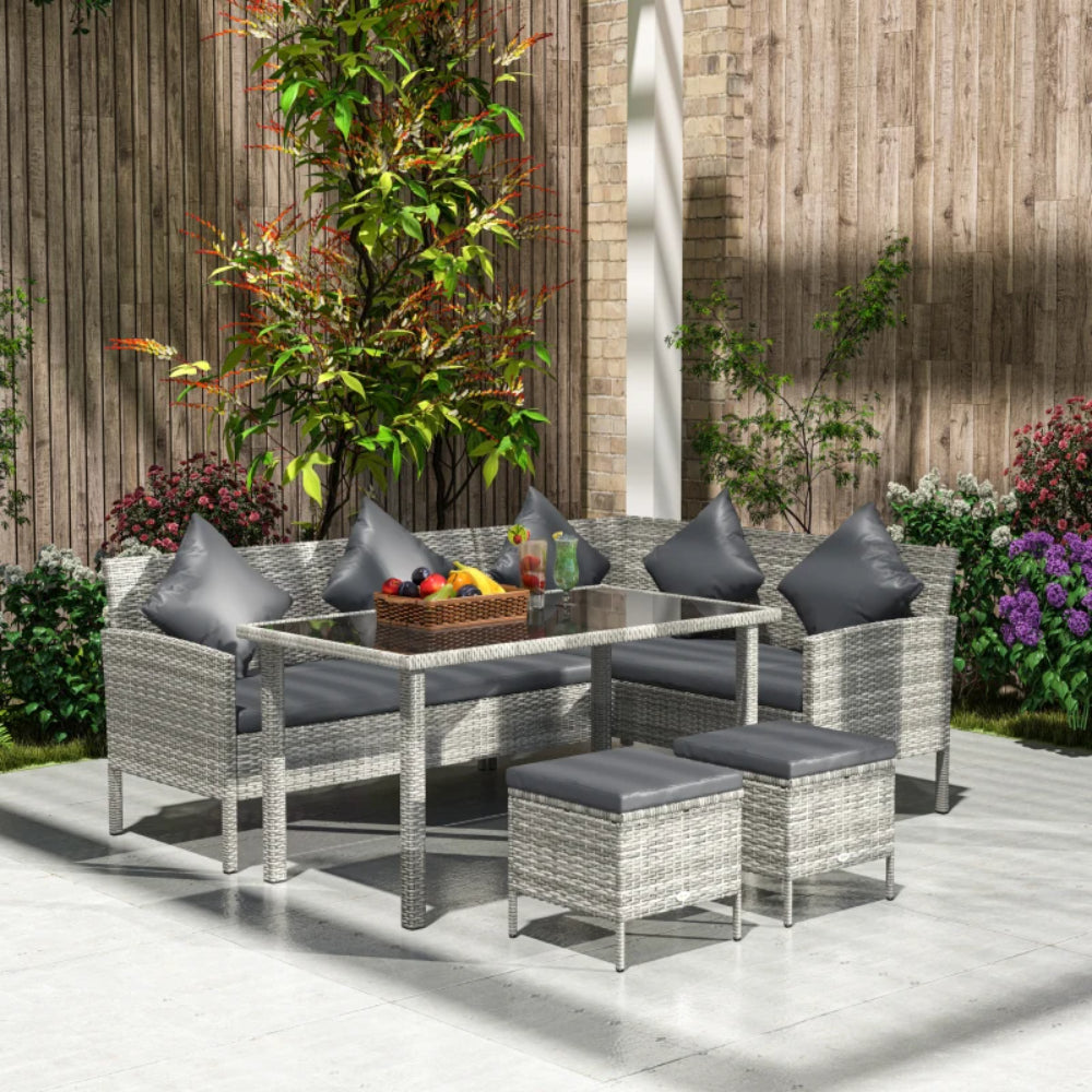 Outsunny 6-Seater Rattan Dining Set Sofa Table Footstool Outdoor w/ Cushion Garden Furniture