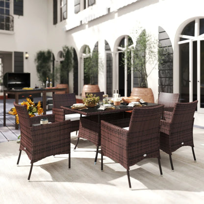 Outsunny 6 Seater Rattan Dining Set with Cushions, Rattan Garden Furniture Set with 6 Armchairs, Rectangular Glass Top Table, Outdoor Dining Table and Chairs