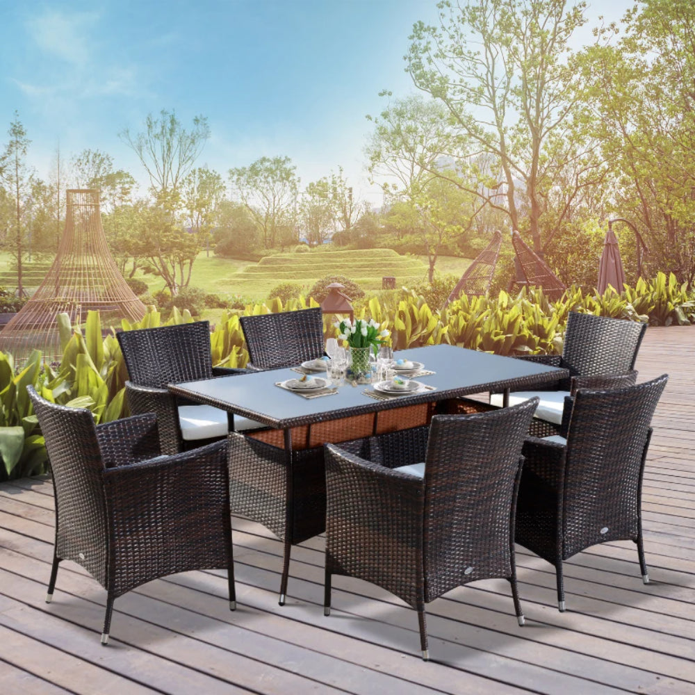 Outsunny 6 Seater Rattan Dining Set with Cushions, Rattan Garden Furniture Set with 6 Armchairs, Rectangular Glass Top Table, Outdoor Dining Table and Chairs